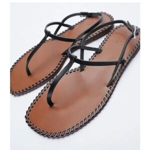 Zara Black Leather thong sandals 37 size 7